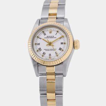 مملوكة مسبقًا Rolex Oyster Perpetual 67193 Automatic White 18k Yellow Gold Stainless Steel Women's Wristwatch 26 mm