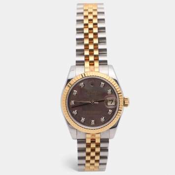 Pre Owned Rolex Datejust 178273 Black Mother Of Pearl Diamond 18K Yellow Gold Stainless Steel Women's Wristwatch 31 mm