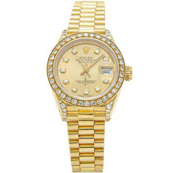 Pre Owned Rolex Champagne Dial 18K Yellow Gold Datejust Diamond Dial & Bezel Women's Watch 26MM