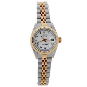 مملوكة مسبقًا Rolex White 18K Yellow Gold and Stainless Steel Datejust 69173 Women's Wristwatch 26 mm