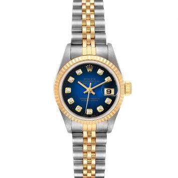 Pre Owned Rolex Blue Diamonds 18K Yellow Gold And Stainless Steel Datejust 69173 Women's Wristwatch 26 MM 