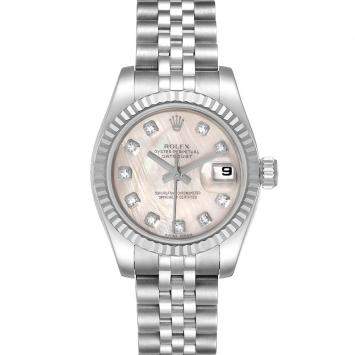 Pre Owned Rolex MOP Diamonds 18K White Gold And Stainless Steel Datejust 179174 Women's Wristwatch 26 MM