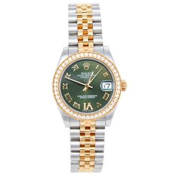 Pre Owned Rolex Green 18K Yellow Gold & Stainless Steel Diamond Datejust 178383 Automatic Women's Wristwatch 31 mm