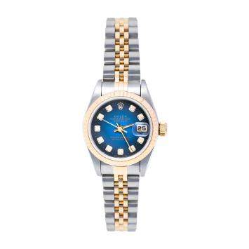 Pre Owned Rolex Blue 18K Yellow Gold & Stainless Steel Diamonds Datejust 69173 Automatic Women's Wristwatch 26 mm