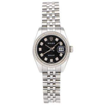 مملوكة مسبقًا Rolex Black Diamonds 18k White Gold And Stainless Steel Datejust 179174 Women's Wristwatch 26 MM