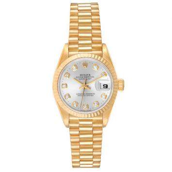 Pre Owned Rolex Silver Diamonds 18K Yellow Gold President Datejust 69178 Women's Wristwatch 26 MM