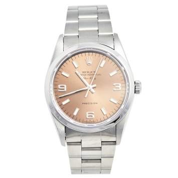Pre Owned Rolex Salmon Stainless Steel Air King 14000 Unisex Wristwatch 34 MM