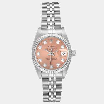 Pre Owned Rolex Salmon Diamonds Stainless Steel Datejust 69174 Women's Wristwatch 26 MM