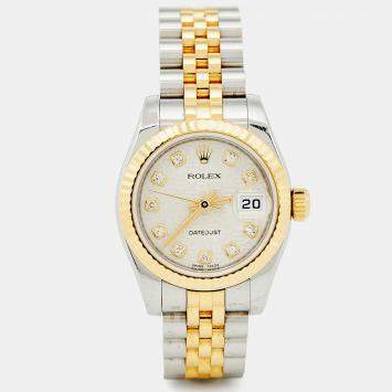 Pre Owned Rolex Silver White Jubilee 18K Yellow Gold Stainless Steel Diamond Datejust 179173 Women's Wristwatch 26 mm