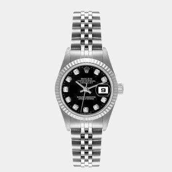 Pre Owned Rolex Black Diamonds 18K White Gold And Stainless Steel Datejust 79174 Women's Wristwatch 26 mm