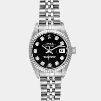 Pre Owned Rolex Black Diamonds 18K White Gold And Stainless Steel Datejust 69174 Automatic Women's Wristwatch 26 mm