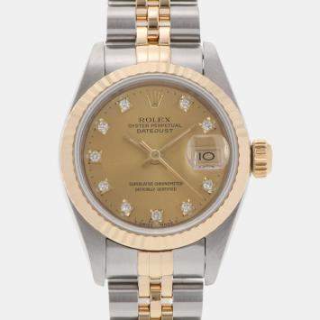 Pre Owned Rolex Champagne Diamonds 18k Yellow Gold And Stainless Steel Datejust 69173 Women's Wristwatch 26 mm