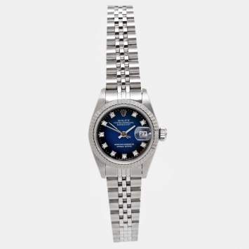 Pre Owned  Rolex Blue Vignette 18K White Gold Stainless Steel Diamond Datejust 69174 Women's Wristwatch 26 mm