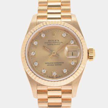 Pre Owned Rolex Champagne Diamonds 18K Yellow Gold President Datejust 69178 Automatic Women's Wristwatch 26 mm