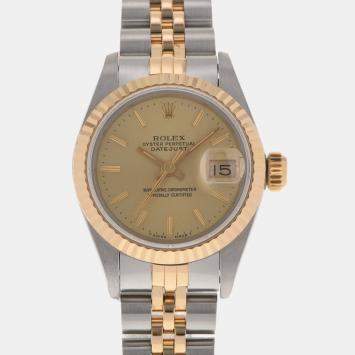مملوكة مسبقًا Rolex Champagne 18K Yellow Gold And Stainless Steel Datejust 69173 Women's Wristwatch 26 mm