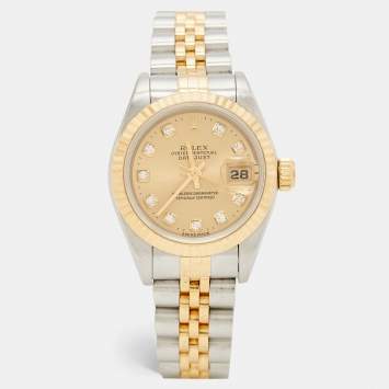 Pre Owned Rolex Champagne Diamonds 18K Yellow Gold And Stainless Steel Datejust 69173 Women's Wristwatch 26 mm
