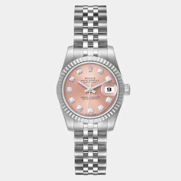 Pre Owned Rolex Pink Diamonds 18K White Gold And Stainless Steel Datejust 179174 Women's Wristwatch 26 mm