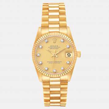 Pre Owned Rolex Champagne Diamonds 18K Yellow Gold President Datejust 68278 Automatic Women's Wristwatch 31 mm