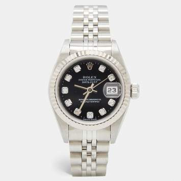 Pre Owned Rolex Black Diamonds 18K White Gold And Stainless Steel Datejust 69174 Automatic Women's Wristwatch 26 mm