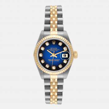 Pre Owned Rolex Blue Diamonds 18K Yellow Gold And Stainless Steel Datejust 69173 Women's Wristwatch 26 mm