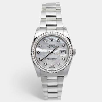 Pre Owned Rolex Mother of Pearl Stainless Steel Diamond Datejust 116244 Women's Wristwatch 36 mm