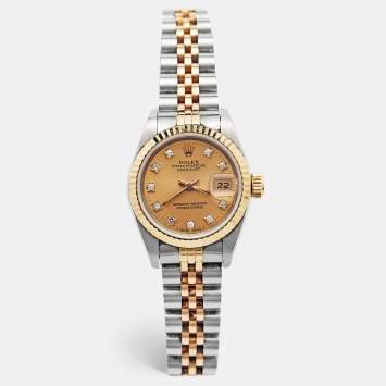 Pre Owned Rolex Champagne Diamond 18k Yellow Gold And Stainless Steel Datejust 69173 Automatic Women's Wristwatch 26 mm