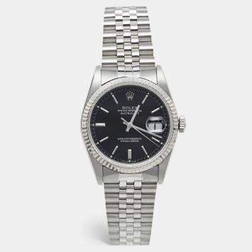 Pre Owned Rolex Black 18K White Gold & Stainless Steel Datejust 16234 Men's Wristwatch 36 mm