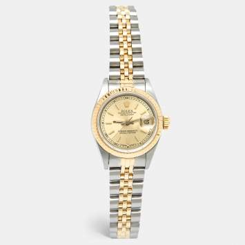 Pre Owned Rolex Champgne 18k Yellow Gold Stainless Steel Datejust 69173 Women's Wristwatch 26 mm 