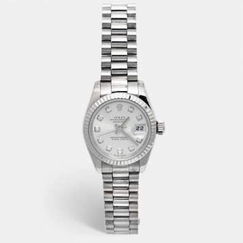 Pre Owned Rolex Silver Diamonds 18K White Gold President Datejust 179179 Women's Wristwatch 26 mm