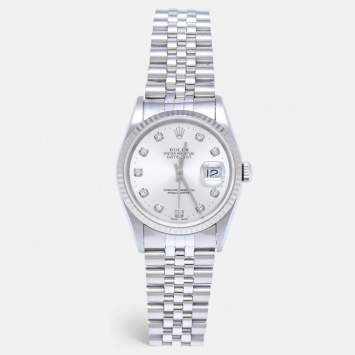 Pre Owned Rolex Silver Diamond 18K White Gold Stainless Steel Datejust 16234 Unisex Wristwatch 36 mm