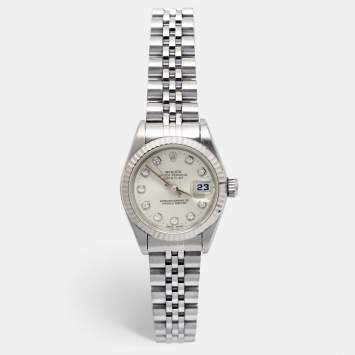 Pre Owned Rolex Silver Diamond 18k White Gold Stainless Steel Datejust 69174 Women's Wristwatch 26 mm