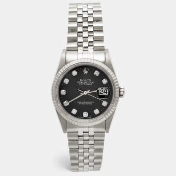 Pre Owned Rolex Black 18K White Gold Stainless Steel Diamond Datejust 16234 Unisex Wristwatch 36 mm
