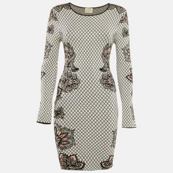 مملوكة مسبقًا Torn by Ronny Kobo Black/White Floral Intarsia Stretch Knit Bodycon Dress S