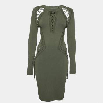 Pre Owned Ronny Kobo Green Knitted Cut-Out Lace Up Detail Bodycon Dress M 