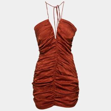 مملوكة مسبقًا Rony Kobo Brown Silk Blend Ruched Mini Halter Dress M