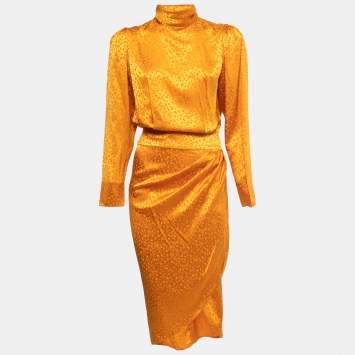 مملوكة مسبقًا Ronny Kobo Yellow Satin Jacquard Asymmetrical Midi Dress S