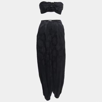 مملوكة مسبقًا Ronny Kobo Black Rose Patterned Silk Blend Crop Top Pant Set S