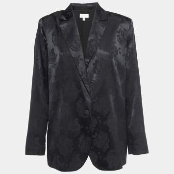 مملوكة مسبقًا Ronny Kobo Black Floral Satin Jacquard Single Button Blazer S