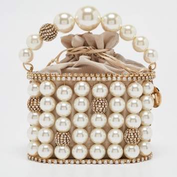 Pre Owned Rosantica Gold Metal Faux Pearl Crystal Embellished Clutch