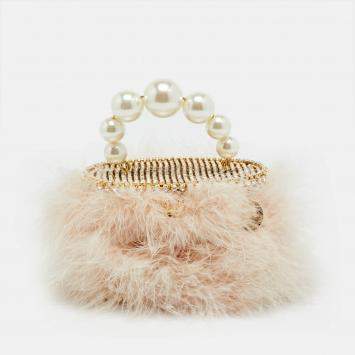 Pre Owned Rosantica Marabou Pink/Gold Tone Faux Pearl and Feather Top Handle Bag