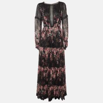 Pre Owned Rose Room Black Floral Print Chiffon Puff Sleeve Maxi Dress S