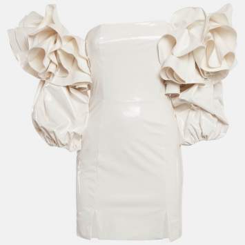 Pre Owned ROTATE BIRGER CHRISTENSEN Cream Faux Leather Bethany Off-Shoulder Vinyl Dress S