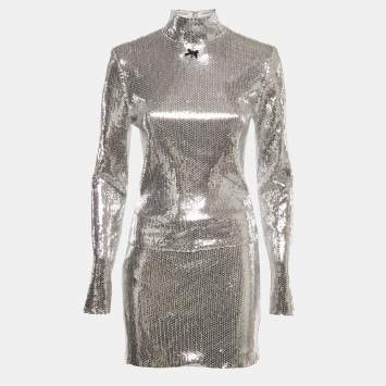 Pre Owned Rotate Birger Christensen Silver Sequin Top and Mini Skirt Set S