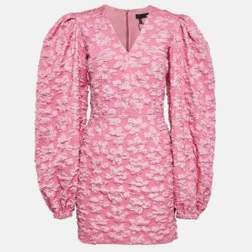 Pre Owned Rotate Birger Christensen Pink Floral Textured Crepe V-Neck Mini Dress S