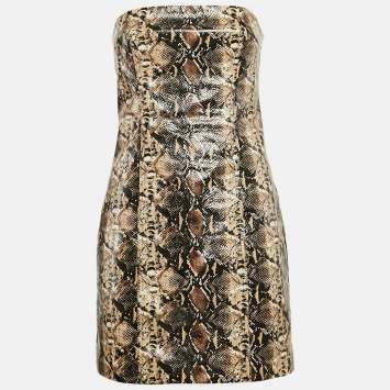 Pre Owned Rotate Birger Christensen Brown Snake Skin Faux Leather Strapless Mini Dress M