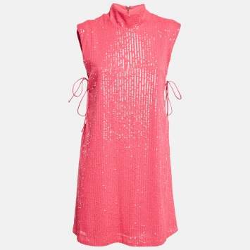Pre Owned ROTATE Fuchsia Pink Sequin Mesh Lace-Up Mini Krew Dress M