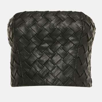 ROTATE BIRGER CHRISTENSEN Black Smocked Leather Zip-Up Tube Top M