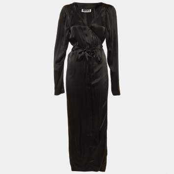 Pre Owned ROTATE BIRGER CHRISTENSEN Black Satin Wrap Around Maxi Dress M