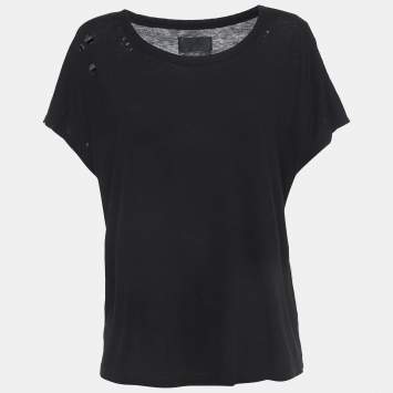Pre Owned RTA Black Cotton Distressed Crop T-Shirt L