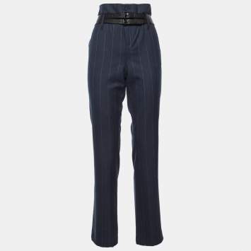 Pre Owned RTA Navy Blue Pin Striped Gabardine Belt Details Trousers M